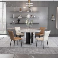 Table à manger rectangulaire moderne style ferme, plateau en marbre, pieds en acier inoxydable doré, 4-6 places, pour appartement, directement de l'usine