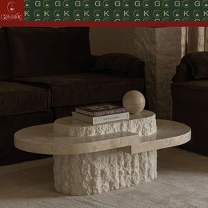Travertin-Couchtisch Beiger Stein für Wohnzimmer Lounge Maßgefertigt Poliert Organische Form Skulpturales Design - Product Image 3