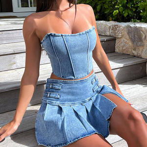 Nouvel ensemble 2 pièces mode pour femme : haut bustier en jean sans manches et jupe fendue taille haute sexy pour l'été - Product Image 1