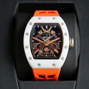 Reloj Mecánico de Cerámica Blanca con Forma de Barril para Hombre, Correa Naranja, Esfera Esqueleto, Diseño Samurái, Reloj de Pulsera Deportivo de Lujo y Moda - Product Image 1