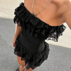 เดรสทรงบัสติเยร์สีดำสไตล์วินเทจ แต่งลูกไม้ ขอบเอวเข้ารูป กระโปรงระบายหลายชั้น ทรงมินิเดรส - Product Image 3