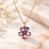 Kalung Perak Sterling 925 Berlapis Emas Rose dengan Liontin Bunga Lima Kelopak Amethyst Ungu untuk Wanita Perhiasan Berkualitas