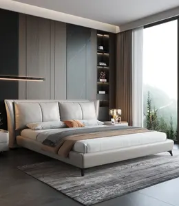 Op Maat Gemaakte Minimalistische Lederen Bed Led Light Luxe Modern Master Bed Zacht Pakket Dubbel Lederen Bed Voor Slaapkamermeubilair