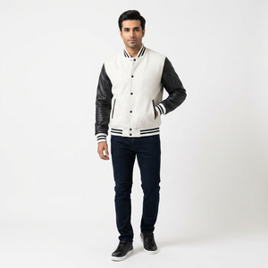 Custom Design <b>White</b> 100% Cotton Winter Baseball Letterman Varsity <b>Jacket</b> Stand Collar Breathable Front Logo <b>Men</b> Unisex - Product Image 1