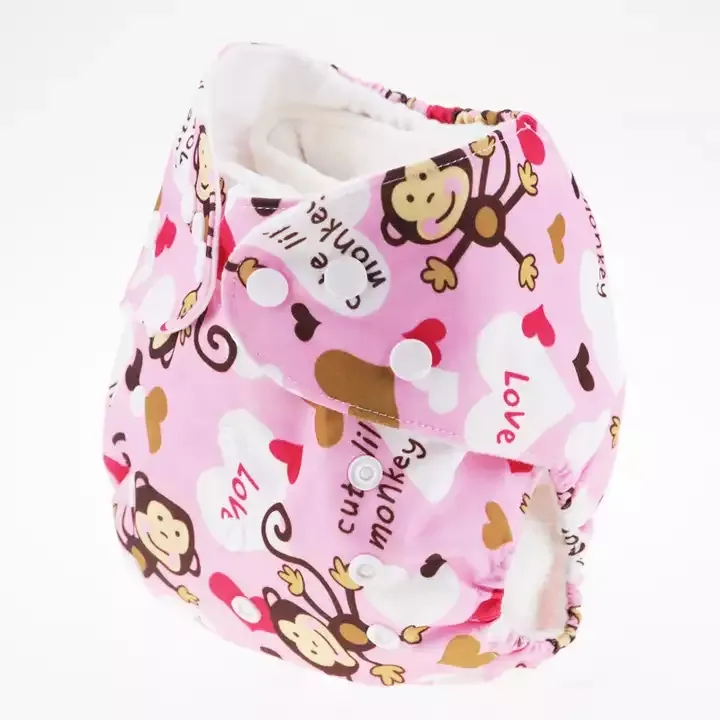 Pano de bebê dupla linha botões fraldas ajustáveis laváveis e reutilizáveis impressão rosa macaco produtos do bebê