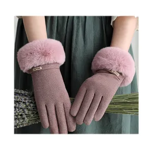 新款优雅时尚女士手套连指手套女士冬季复古触摸屏保暖手套珊瑚绒格蕾丝加厚手套