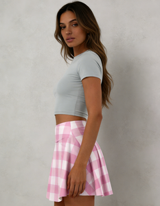 Falda pantalón a cuadros de talla grande para mujer - Cintura natural elástica, mini falda deportiva informal antiexposición con bolsillos - Product Image 3