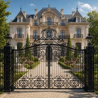 Portail d'entrée en fer forgé artisanal de luxe LINCAI |   Portail de propriété victorien à col de cygne arqué avec piliers de lanterne intégrés