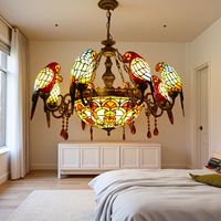 Grand lustre de style européen rétro pour villa, bâtiment duplex 8+1, en fer forgé, bronze, LED, alliage de zinc, abat-jour en forme de perroquet, antique