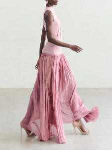 Nuovo Arrivo: Abito <span class=keywords><strong>Lungo</strong></span> Rosa da Donna <span class=keywords><strong>Monospalla</strong></span> con Collo Alto e Pieghe per Uso Quotidiano - Product Image 4