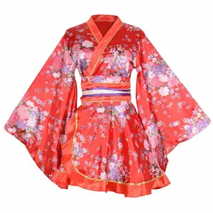 Jepang Bunga Pendek 1 CosCostume Manis Mewah Wanita Kimono Dress Pakaian Gadis Seksi Satin Sutra Jubah Mandi Baju Tidur
