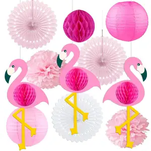 Flamingo bola kertas sarang lebah, Set dekorasi kertas bunga Flamingo Hawaii pesta ulang tahun dekorasi