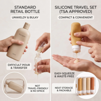 Kits de voyage 4 pièces, flacons de voyage souples en silicone 90 ml (3 oz) avec bouchon à clapet pour emmener en cabine, avec sac de rangement transparent