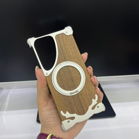 Pour Samsung Galaxy S26 S25 S24 S23 Ultra Étui en bois de noyer avec bordure métallique sans cadre, protection intégrale 360 °   Support magnétique rotatif, coque antichoc