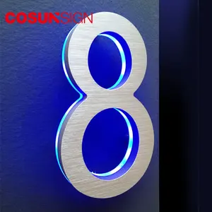 3D LED backlit brushed stainless steel house number with blue light letters
