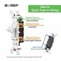 Interruptor de Luz Unipolar BAREP CULus 15A 120V con Terminal de Conexión Rápida UL94-V2 PC para Caja de Pared Comercial y Hoteles en EE. UU.