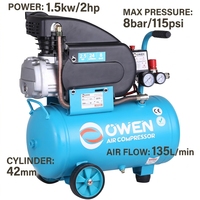 Compresseur d'air direct haute performance 2HP 1,5kW Cylindre 42mm 135L/min 8Bar Homologué CE TUV Moteur à piston portable OWEN