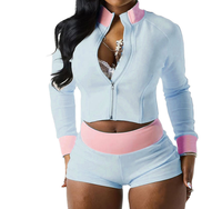 Nouvel ensemble décontracté automne transfrontalier : survêtement sport à manches longues, patchwork, couleur contrastante, fermeture éclair, col montant, 2 pièces avec short