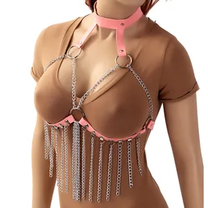 粉色皮革领开口文胸束缚身体吊带约束哥特式朋克女性文胸