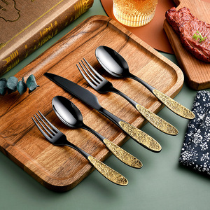 Juego de Cubiertos de Acero Inoxidable Negro y Dorado Estilo Europeo Retro Shiny Jh, Cuchillo, Tenedor y Cuchara, Acero 304, Acabado Pulido Espejo - Product Image 4