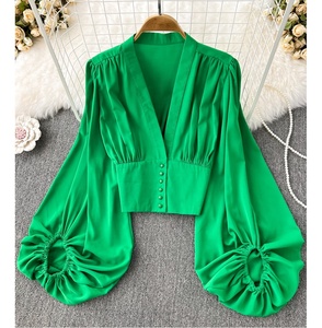 Chemisier court et ajusté à col en V et manches lanternes pour <span class=keywords><strong>femme</strong></span>, style printemps-automne - Product Image 1