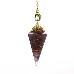 Crystal Crafts HY Summer hot item gold plated natural crystal stone gravel resin hexagonal cone pendulum craft for wholesale