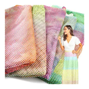 Moda 3d pesca rete elasticizzata cristallo strass pizzo arcobaleno tessuto di pizzo con perline di lusso per il vestito