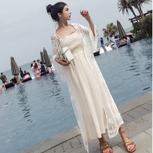 Novo estilo coreano elegante Seaside Holiday <span class=keywords><strong>Beach</strong></span> Dress bordado laço longo <span class=keywords><strong>Cardigan</strong></span> Cover-up - Product Image 3