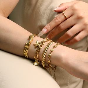 Bracelet et Jonc en Acier Inoxydable Plaqué Or 18K, Chaîne Maillons Cubains, Étoile de Mer et Coquillage, Bijoux Tendance pour Femme - Product Image 5