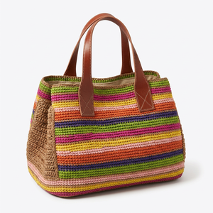 Bolso de hombro a rayas de ganchillo para mujer, dos asas, estilo bohemio, parte superior abierta, uso diario, para todas las estaciones - Product Image 1