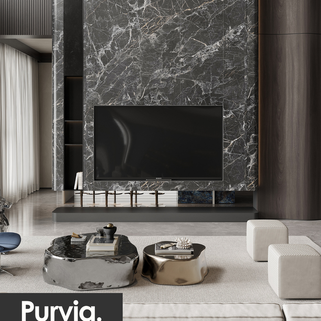 Purvia Luxury Modern Custom TV Wall Unit Black Marble-Effect Panels Dark Wood Storage Cabinets Console Living Room Furniture
