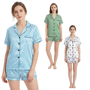 Conjunto <span class=keywords><strong>de</strong></span> Pijama <span class=keywords><strong>de</strong></span> 2 Piezas para Mujer, Elegante y Lujoso, Transpirable, con Rayas <span class=keywords><strong>de</strong></span> Satén, Manga Corta, Cuello Camisero, para Vacaciones <span class=keywords><strong>de</strong></span> <span class=keywords><strong>Verano</strong></span> - Product Image 3