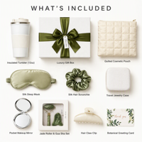 Coffret Cadeau Luxe Vert Sauge Lunaire pour Femme : Trousse de Maquillage Matelassée, Gobelet Isotherme Café, Rouleau de Jade, Masque pour les Yeux – Idéal Demoiselle d'honneur ou Anniversaire