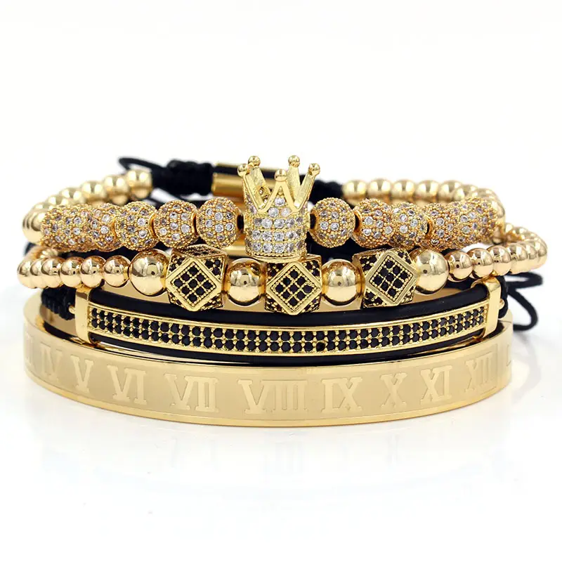 Luxury 4Pcs Men's Gold Crown Punk Stainless Steel Roman Numeral Engraved Bangle CZ Crown Bracelet Set