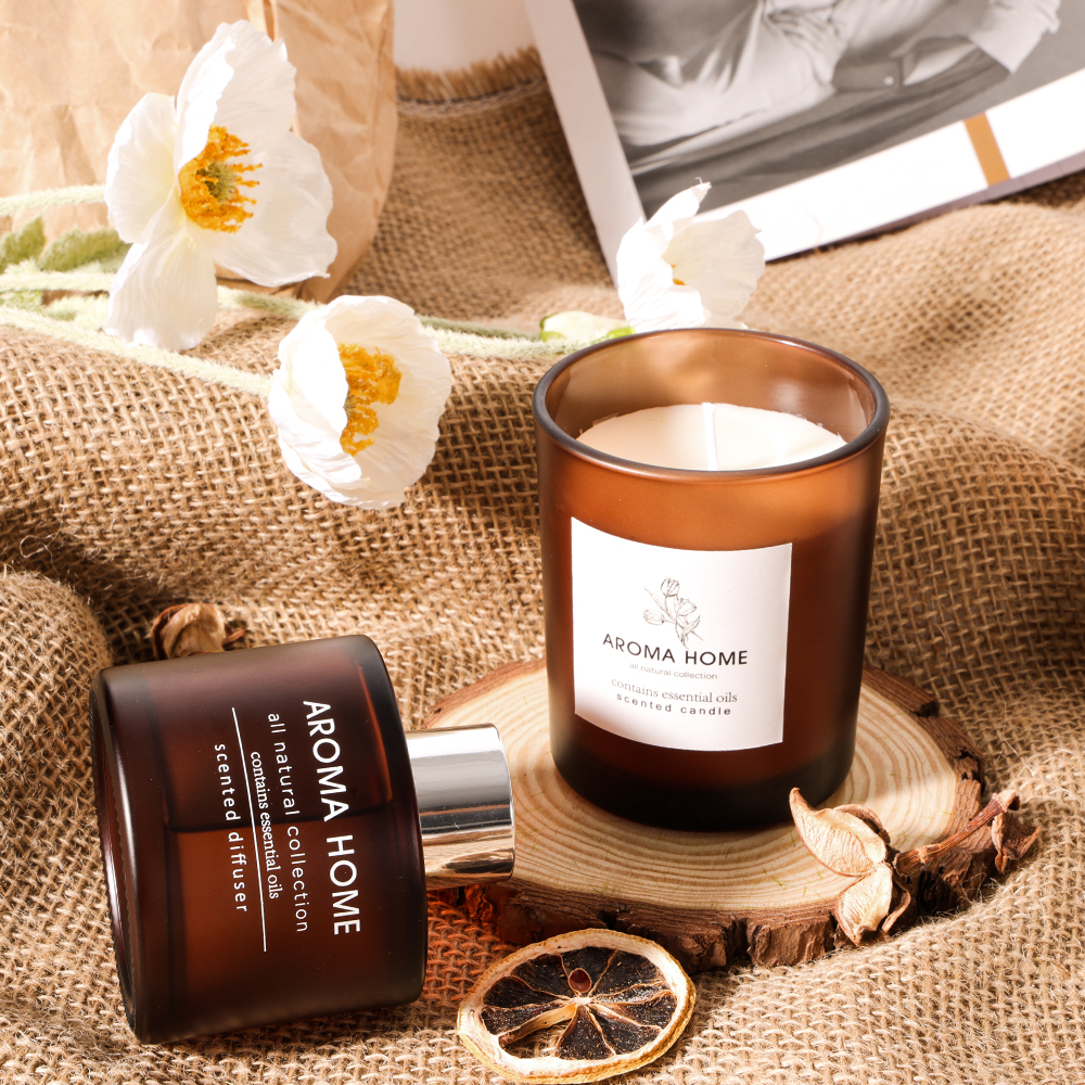 AROMA EV Sıcak satış Yağ Parfüm Cam Kavanoz Lüks Kahverengi Reed Difüzör Kokulu Mumlar Hediye Seti 2