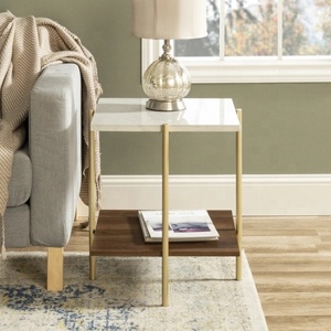 Modern Square Accent <b>Table</b> With Marble Top And <b>Wood</b> Shelf Gold Metal Frame Living Room Furniture Contemporary Design - Product Image 1