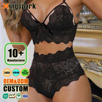 Ensemble de lingerie 2 pièces en dentelle florale noire personnalisée, bralette à bretelles spaghetti avec nœud et culotte taille haute, sous-vêtements intimes pour femmes