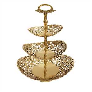 Luxuries Golden Brass 3 <b>Tier</b> <b>Cake</b> Stand Decorative Embossed Metal Fruit Bowl & Vintage Style & Party Serving Tray Handcrafted - Product Image 1