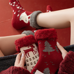 Fleece Lined Thickened Christmas Socks For Women Mid Calf Warm Plush Cartoon Reindeer New Year Red Socks Extra Thick - Product Image 1