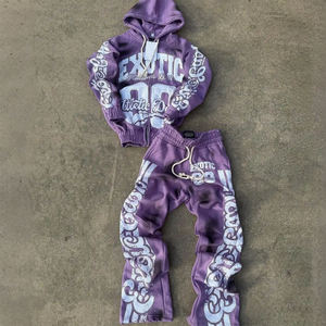 Individuelles Trainingsanzug-Set für Herren mit Acid-Waschung und Reißverschluss, Blanko Puff-Print Flare Trainingsanzug, Hoodie und Sweatpants aus Frottee - Product Image 1