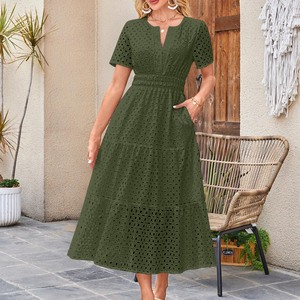 Vestido largo de manga corta de verano para mujer, vestido de moda con cuello en V, ojales huecos, dobladillo con volantes, vestido acampanado con bolsillos, vestidos de temperamento femenino - Product Image 4