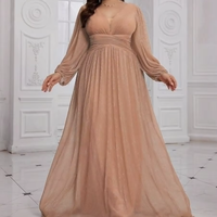 Robe de soirée élégante pour femmes grandes tailles, couleur champagne, col en V, manches longues lanternes, broderie brillante, coupe ajustée, style A-line