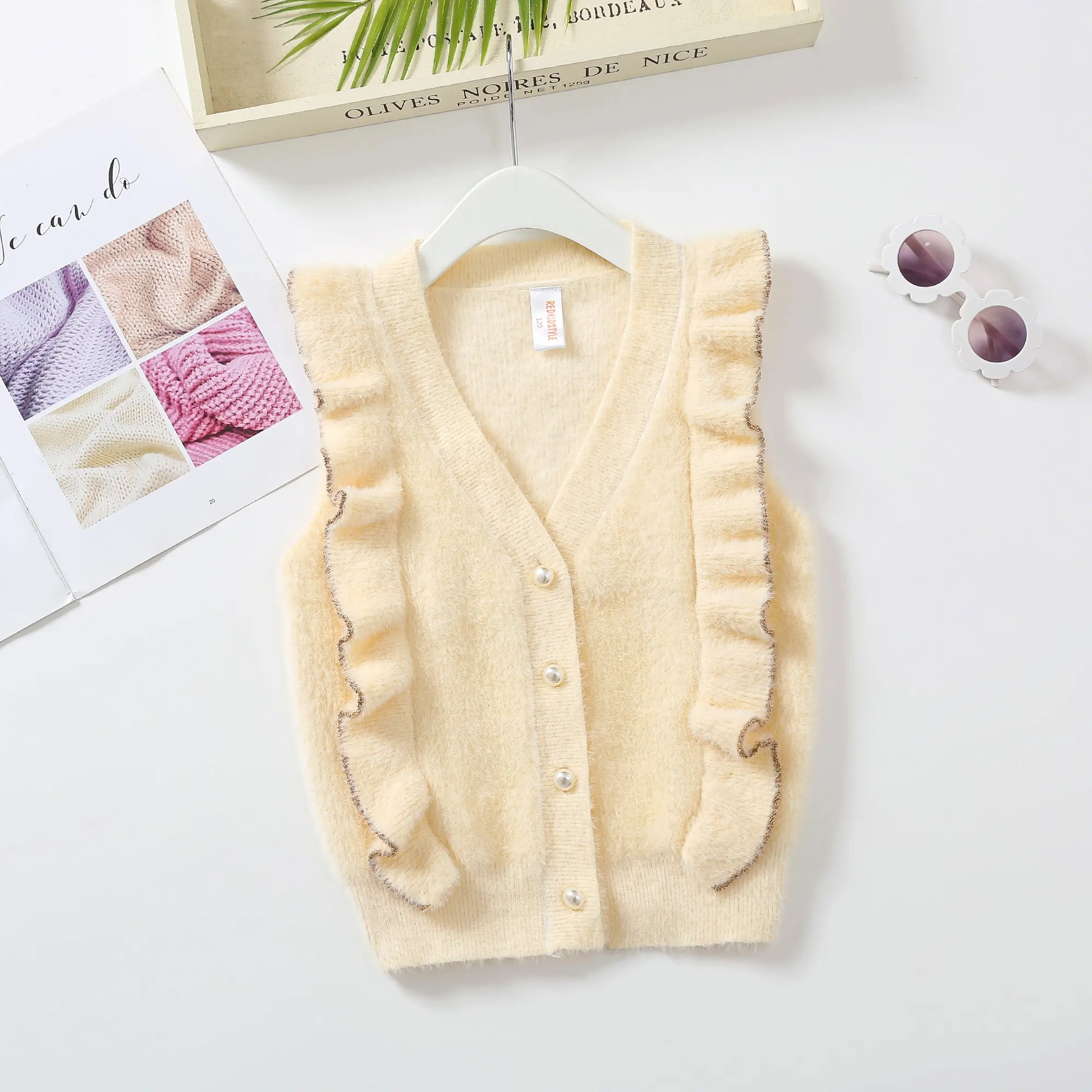 Children's Knitted Sweater Customized Spring and Autumn Wear V-neck Ruffle Edge Girl Knitted Sleeveless Top
