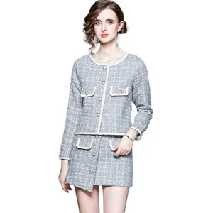 Ladies Formal Dress for Women Good Quality Temperament Tweed Cardigan Top + Mini Skirt Split Suit