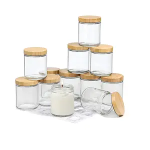 Hot Sale 12 Pack 8 Oz Dikke Glazen Kaarspotjes Met Bamboe Deksels Bulk Clear Ronde Glazen Kaarspotjes Voor Het Maken Van Kaarsen