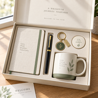 Coffret Cadeau d'Entreprise de Luxe Personnalisé de Haute Qualité, Thème Botanique Vert, comprenant Carnet, Stylo, Tasse et Porte-clés, Idéal pour un Cadeau de Bienvenue d'Affaires