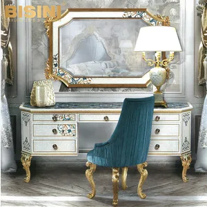 인상적인 럭셔리 이탈리아 쉘 마루 드레서 가구 드레싱 테이블 세트 미러 의자 블루 & 화이트 메이크업 허영 테이블