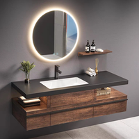 Meuble de salle de bain en bois massif de luxe léger, vasque intégrée en céramique sans joint avec plateau en roche, armoire miroir personnalisable