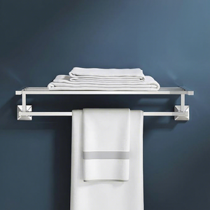 Porte-serviettes mural en acier inoxydable double couche, finition poli miroir, 4 barres, étagère de rangement, design minimaliste pour salle de bain - Product Image 6