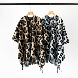 Poncho imprimé léopard en gros, cape épaisse surdimensionnée, manteau à ourlet fendu, style européen et américain, châle enveloppant automne-hiver pour femme - Product Image 2